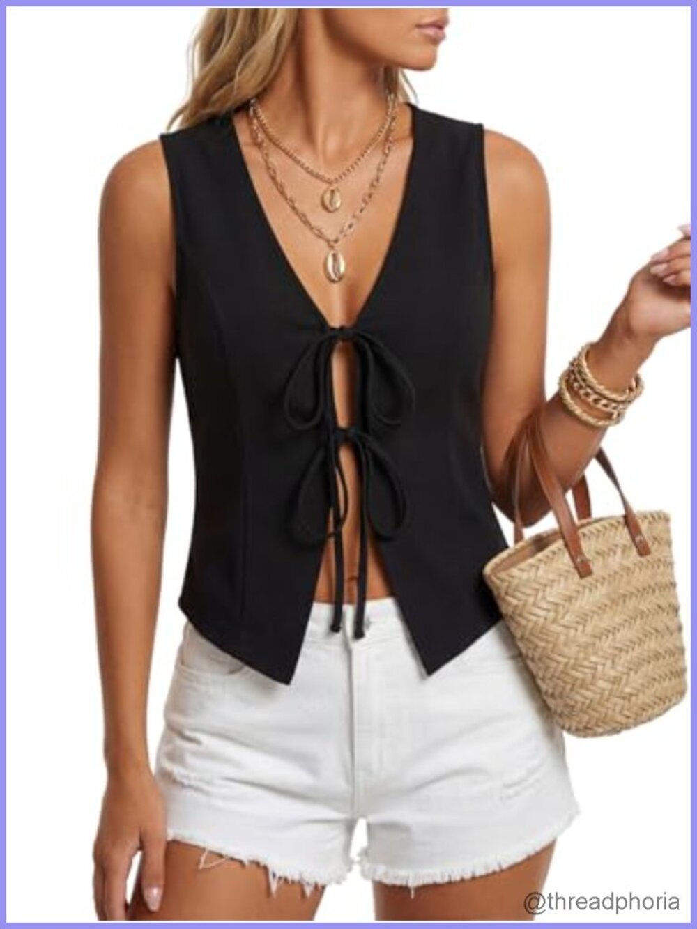 Y2K Tie Front V Neck Sleeveless Tank Top